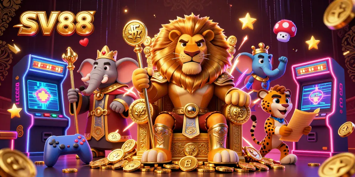 Engage with SV88 through a vibrant casino-themed 3D illustration featuring a lion king, an elephant advisor, and a cheetah messenger.