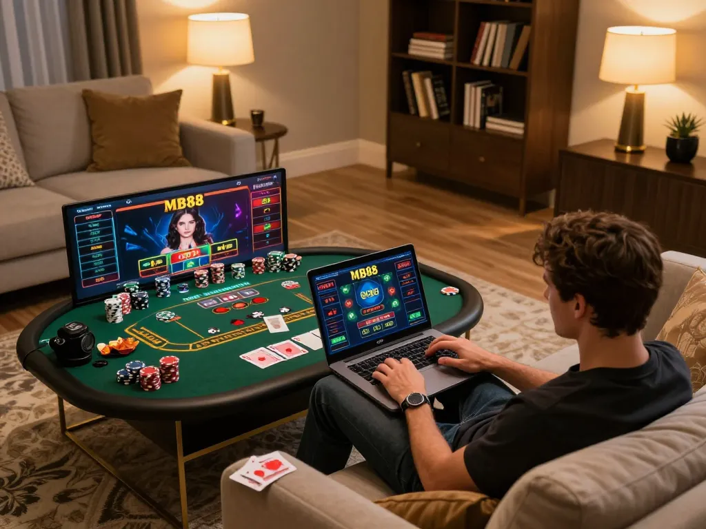 Player engaging with MB88 online gambling platform on laptop in a cozy home setup