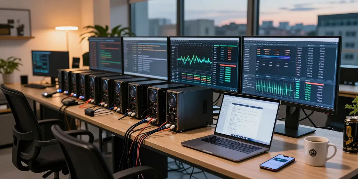 Crypto mining service setup with multiple miners and trading dashboards in a modern workspace