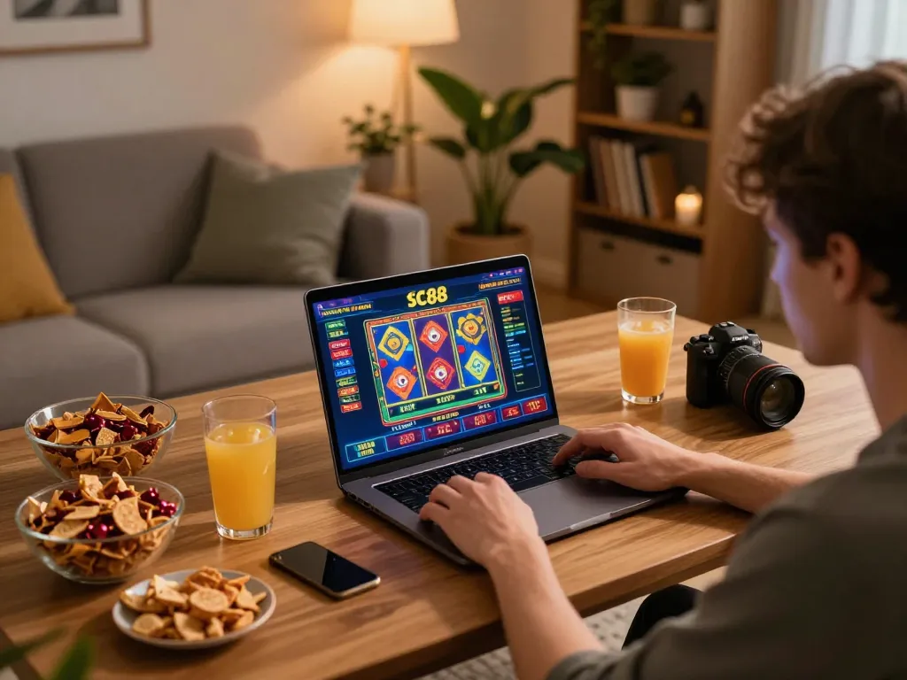 Engaging in SC88 online casino gaming from home, enjoying a relaxed atmosphere with snacks and a laptop.