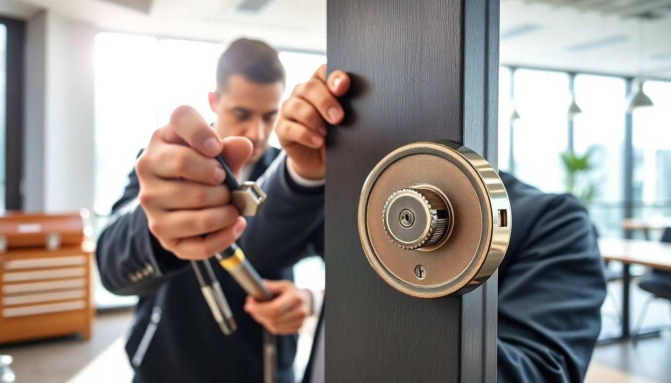 Skilled commercial locksmiths in Ballwin performing key installation in a modern office.