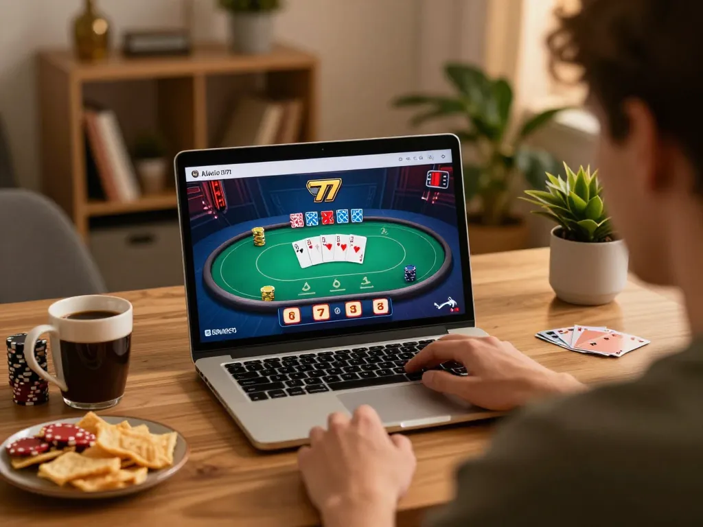 Engaging player experiencing excitement at the alexis77 online casino platform with poker game on screen.