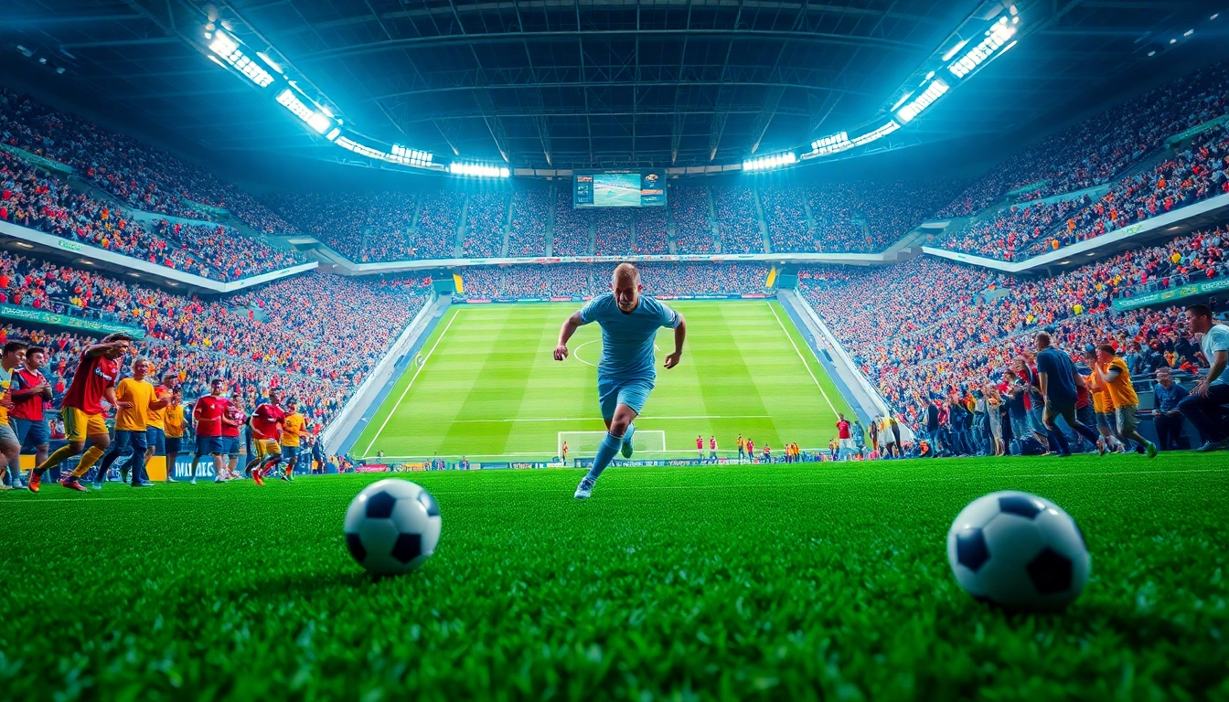 Disfrutar de todo deportes en acción con futbolistas y aficionados en el estadio.
