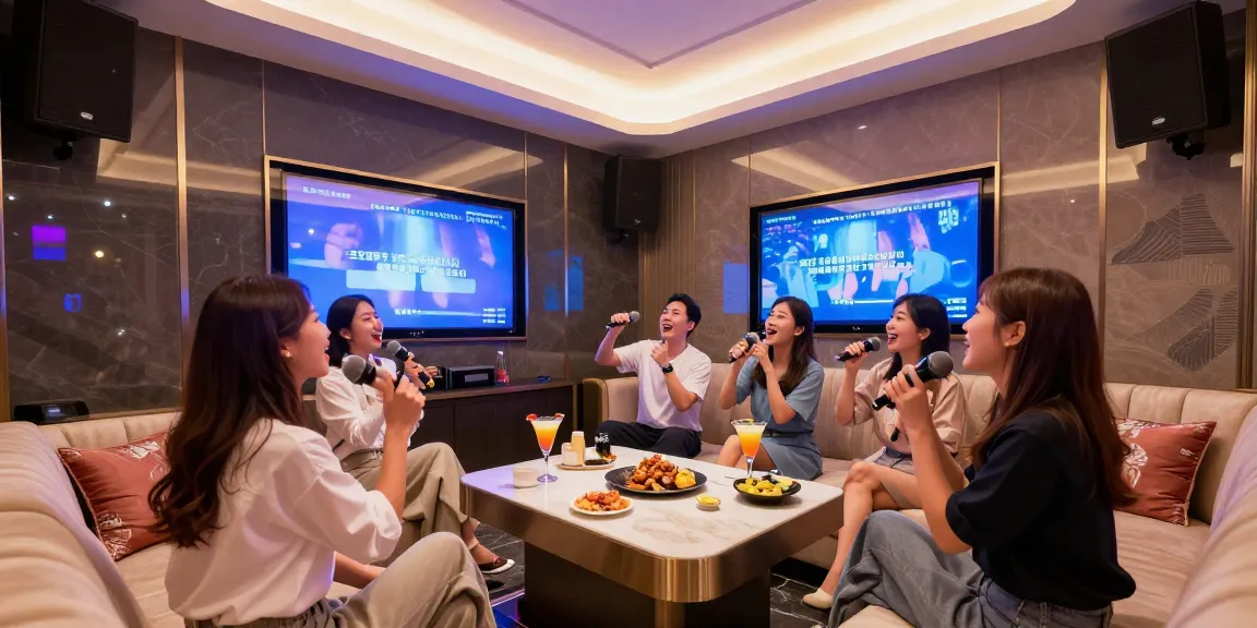 강남구구단의 현대적이고 고급스러운 노래방 룸에서 친구들이 즐겁게 노래하는 모습