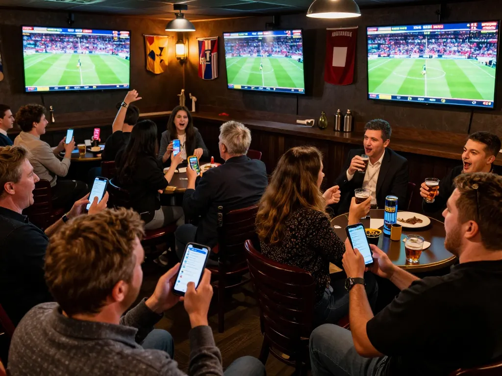 Kèo nhà cái enthusiasts engaging in live sports betting during a thrilling match, celebrating team victories.