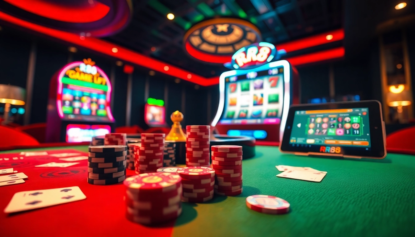 Experience the excitement of RR88 with engaging casino gaming visuals featuring vibrant poker tables.