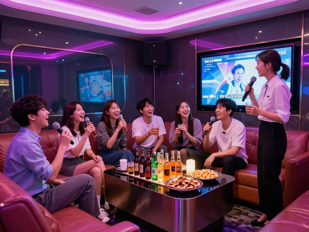 스타일리시한 노래방에서 친구들과 함께 노래하고 음료를 즐기며 활기찬 인천쓰리노 나이트라이프를 경험하세요.