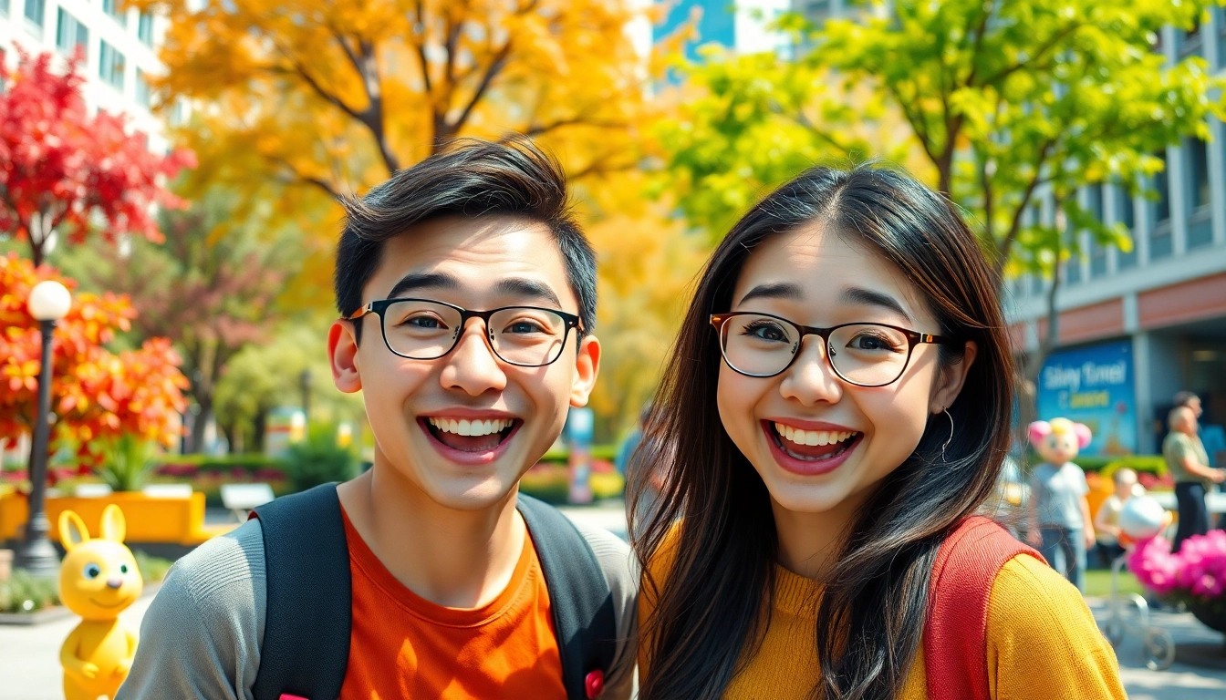 Funny face swap between two friends celebrating a playful moment in a park.