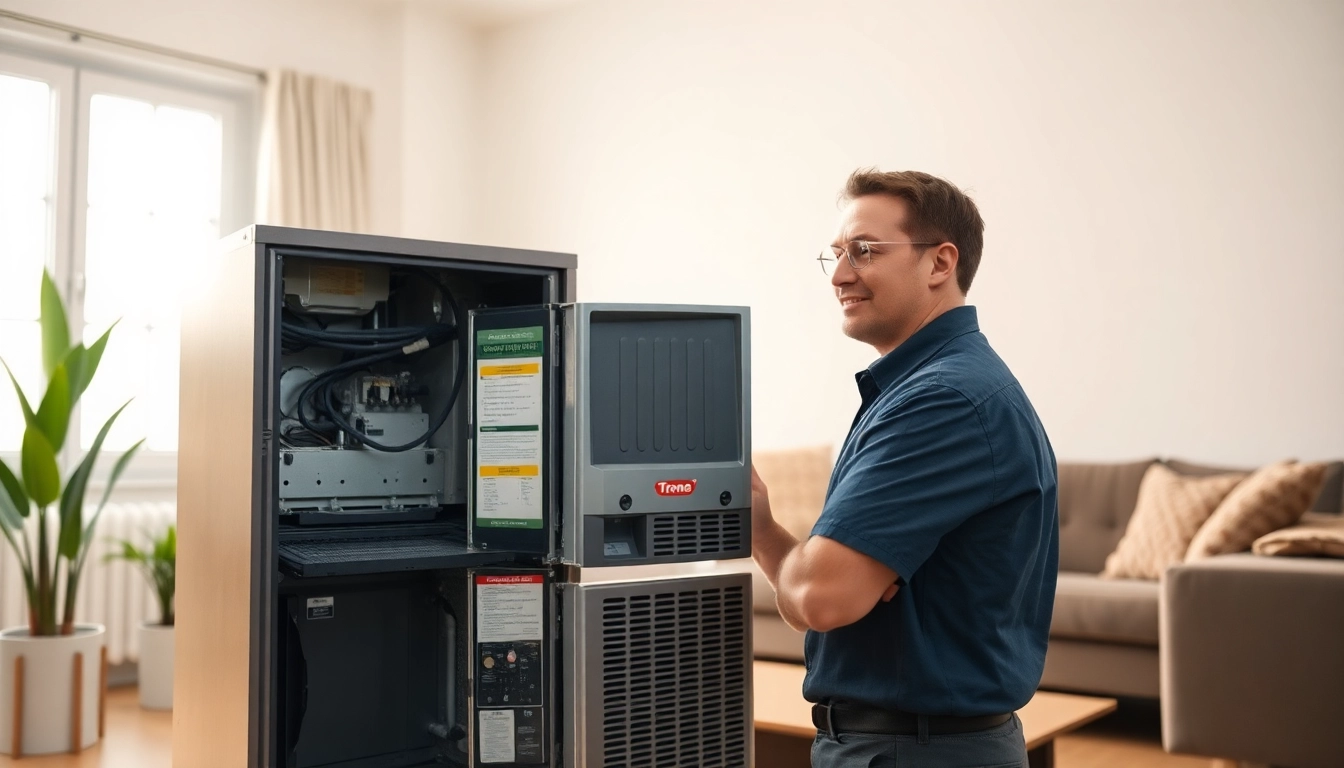 Trane furnace dealer technician examining a heater in a stylish home environment.