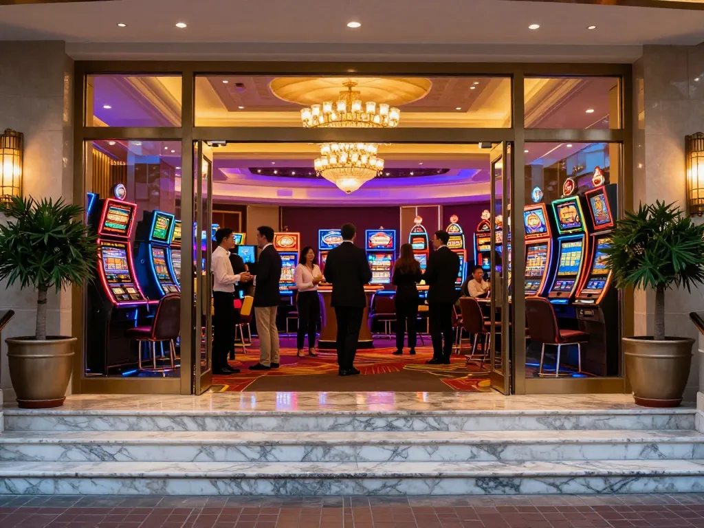 Exciting view at the entrance of 56 WIN casino, welcoming guests with vibrant lights.