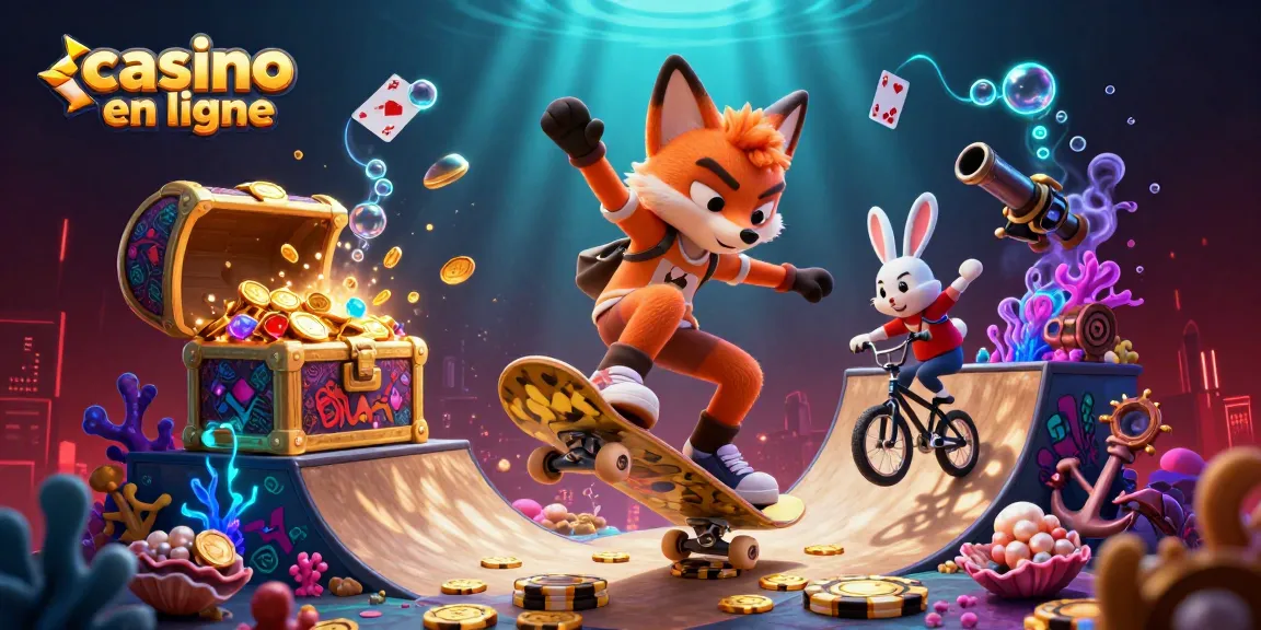 Jouez au casino en ligne avec ce visuel captivant de personnages animés, jetons et trésors.
