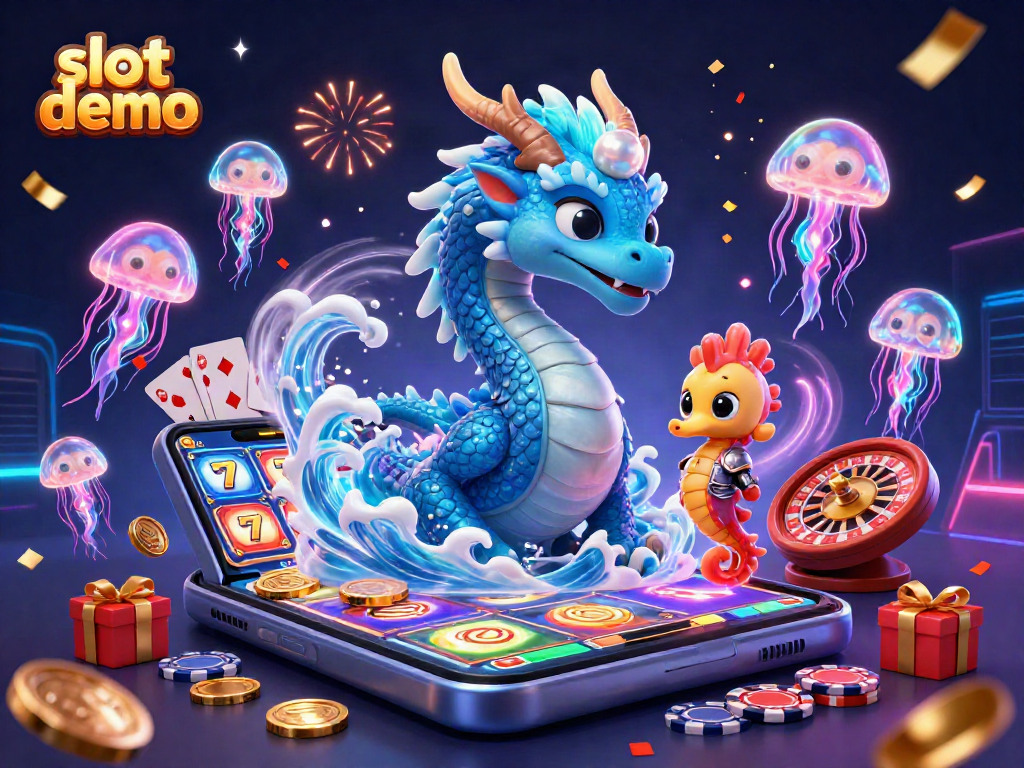 Engage with our slot demo featuring vibrant 3D dragon and knight, celebrating with slot game elements.