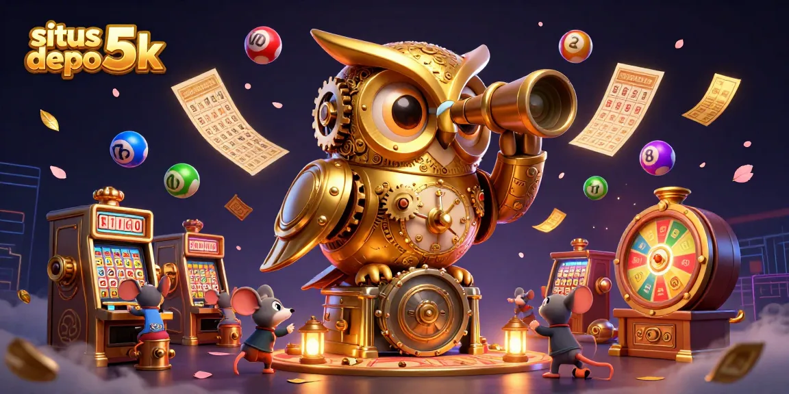 Play thrilling slots with situs depo 5k in a vibrant casino scene featuring a golden owl and whimsical elements.