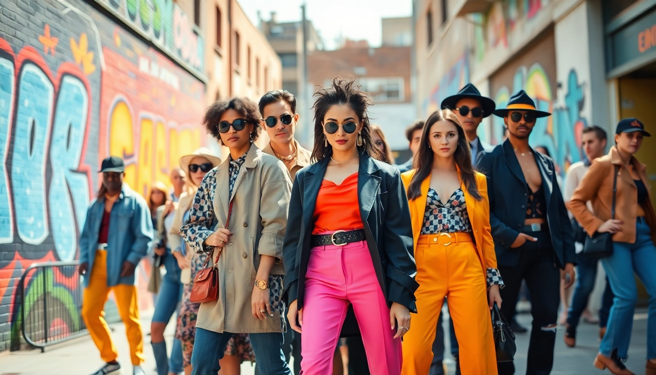 Fashion enthusiasts showcasing diverse styles in a colorful urban setting.