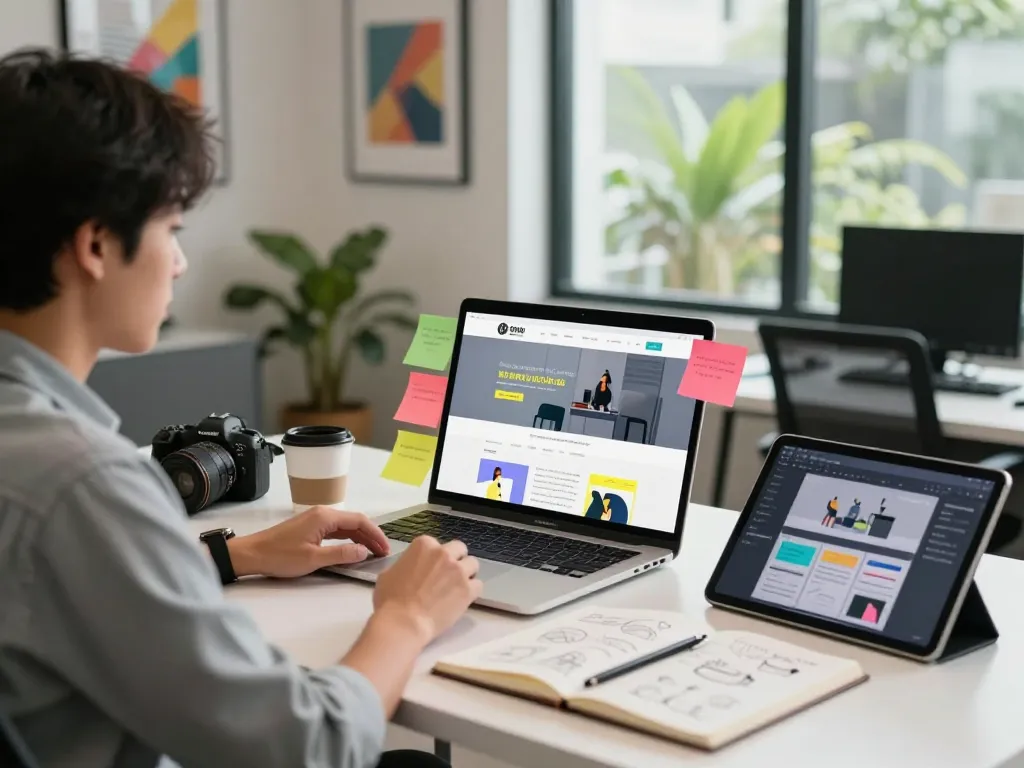 Freelance website designer Kuala Lumpur consulting in a modern office with creative design tools and bright atmosphere
