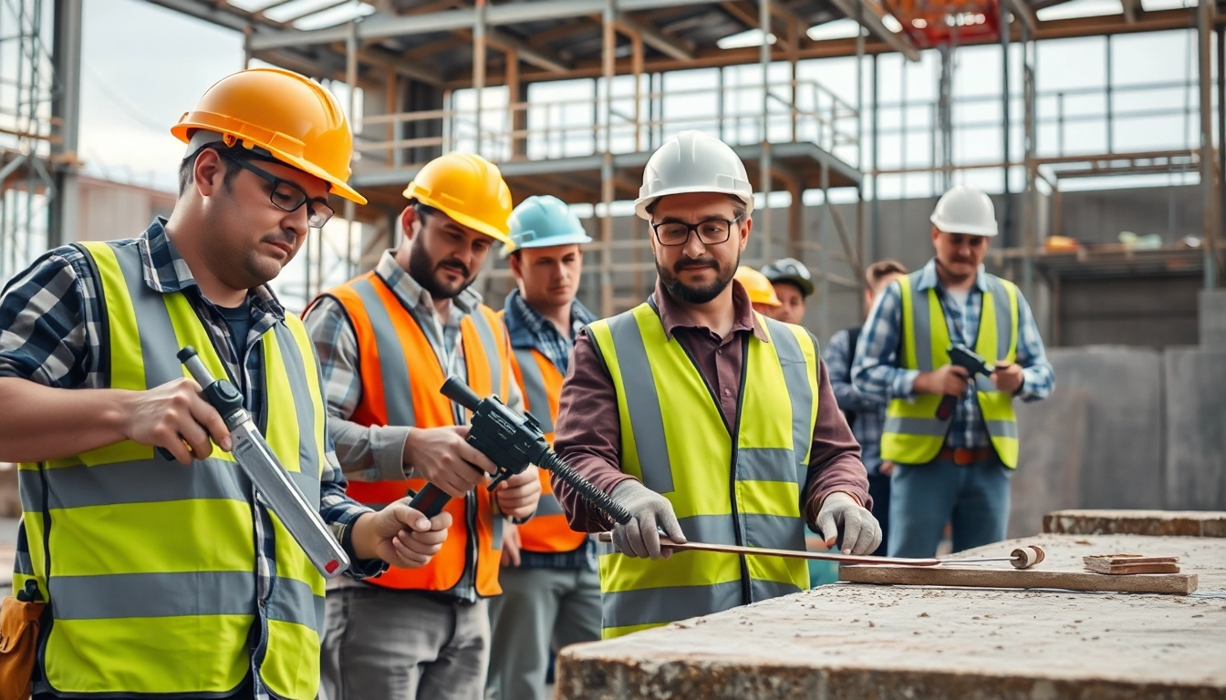 Construction workforce training scene with workers actively learning and collaborating on-site.