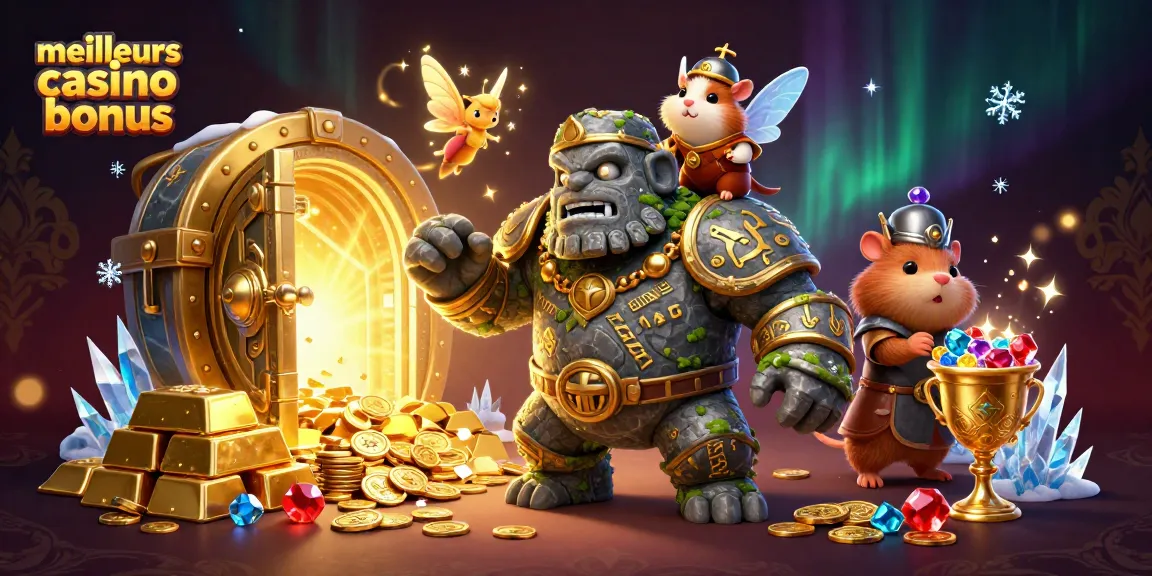 Illustrez les meilleurs casino bonus avec un golem, une fée et un hamster chevalier jouant dans l'or scintillant.