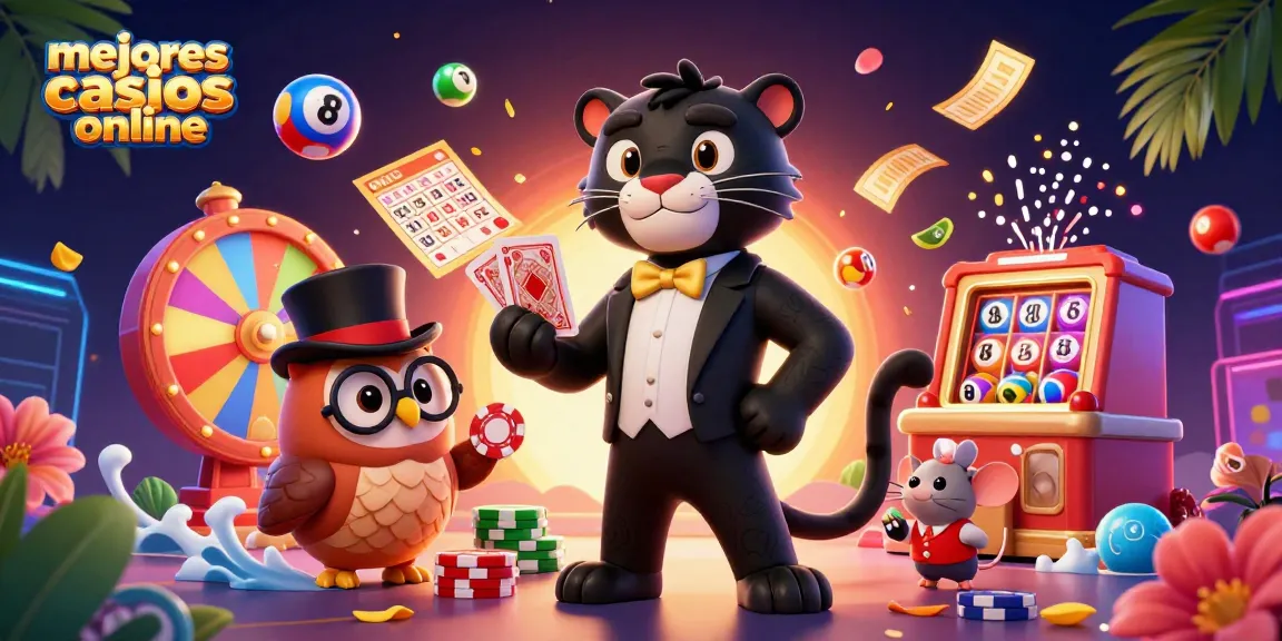 Juego dinámico en los mejores casinos online: ilustración con pantera elegante y carácter lúdico.