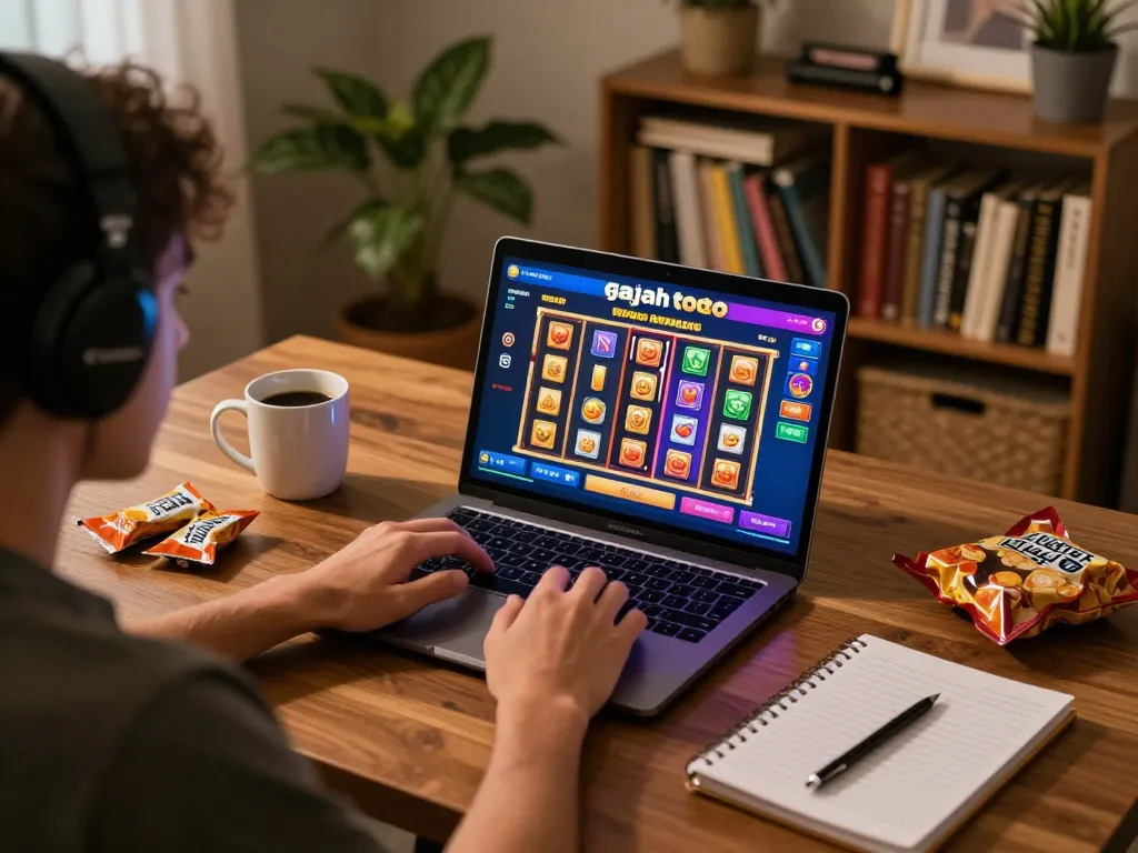 Engaging in gajah toto slot gaming from home with laptop, coffee, and strategy notes.