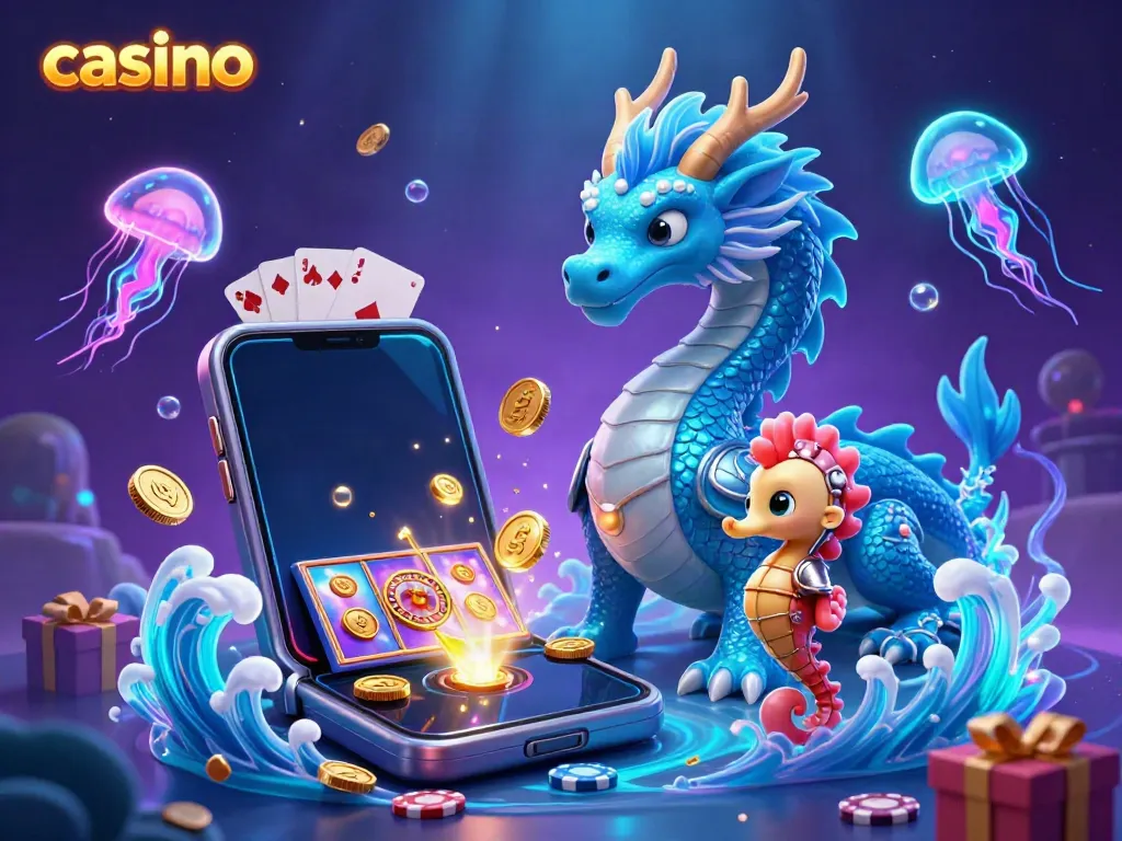 Engage in thrilling casino action with a captivating underwater scene featuring a dragon, seahorse knight, and dynamic game elements.