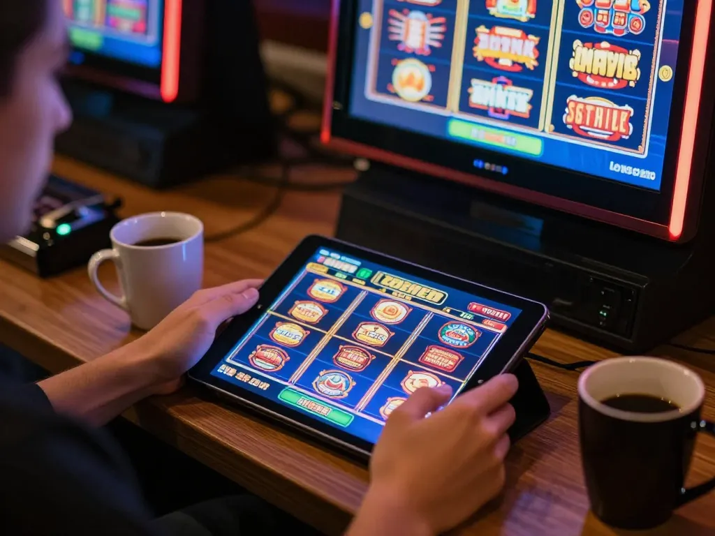 Engaging online gaming experience at ATQ with vibrant slot machine interface and cozy home setup