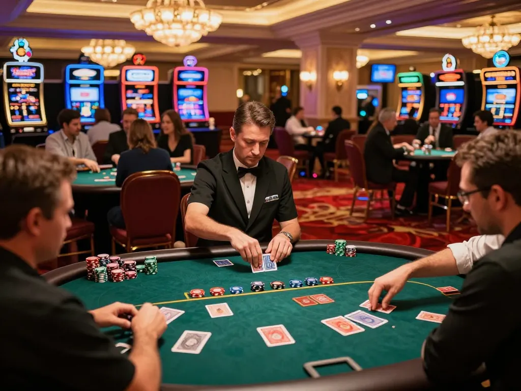Players engaging with poker tables at Thabet Casino, showcasing dynamic gameplay and casino atmosphere.