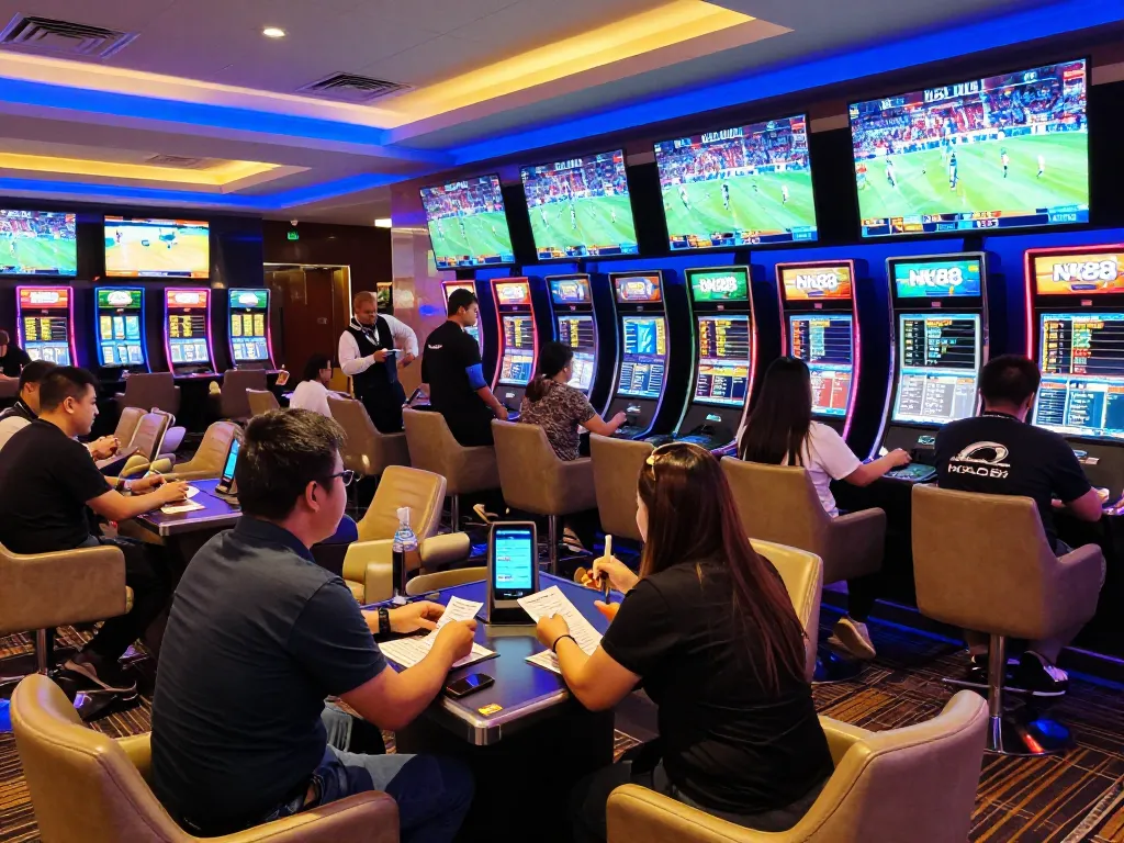 Nk88 sports enthusiasts engaging with live betting screens in a lively casino lounge atmosphere.