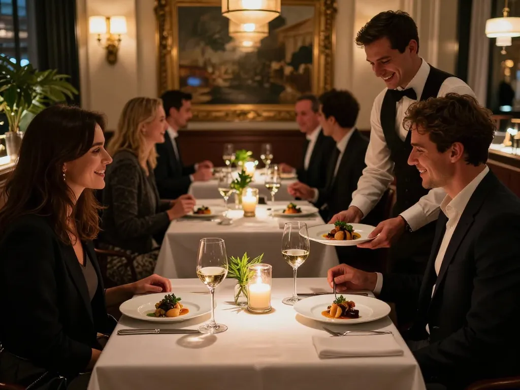 Enjoying a gourmet meal at one of the best restaurants in London with elegant decor and candlelight.