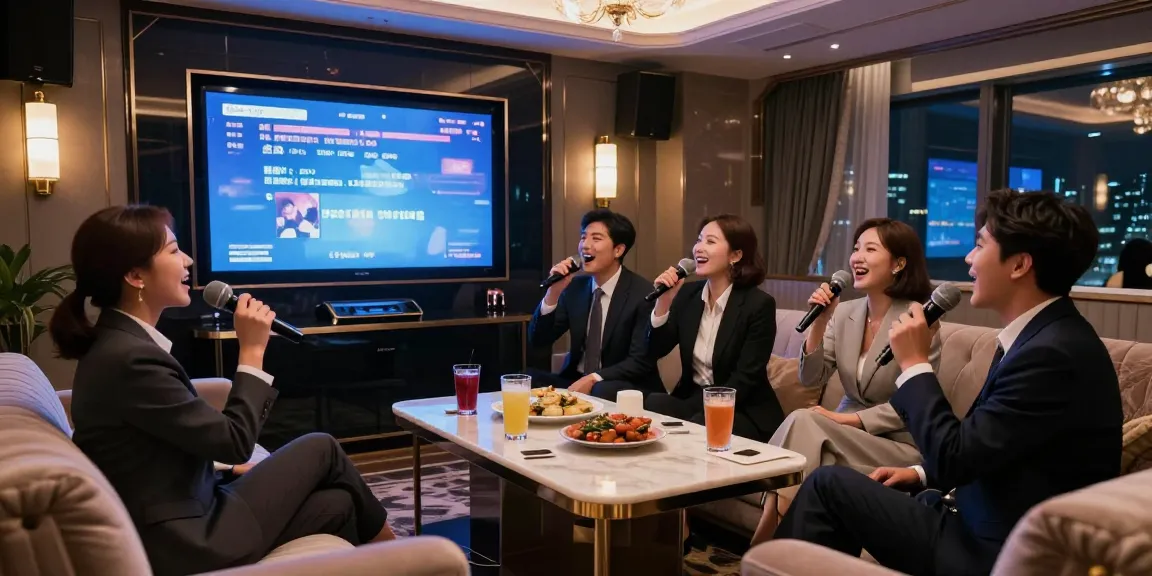 강남쩜오 구구단에서 프리미엄 노래방 환경을 즐기는 비즈니스 모임을 보여주는 이미지.