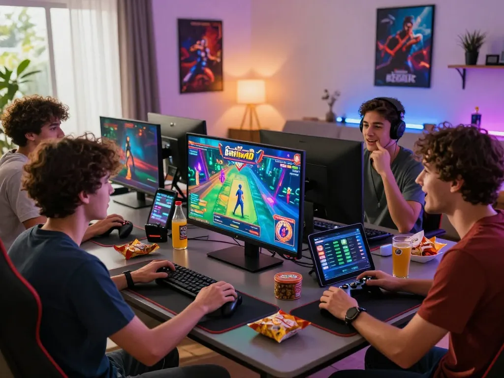Engaging bayitoto online gaming scene with friends enjoying 4D lottery and slot games in a cozy setting.