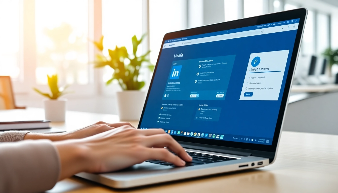 Utilizing linkedin email scraper on a laptop in a bright office, showcasing email extraction capabilities.