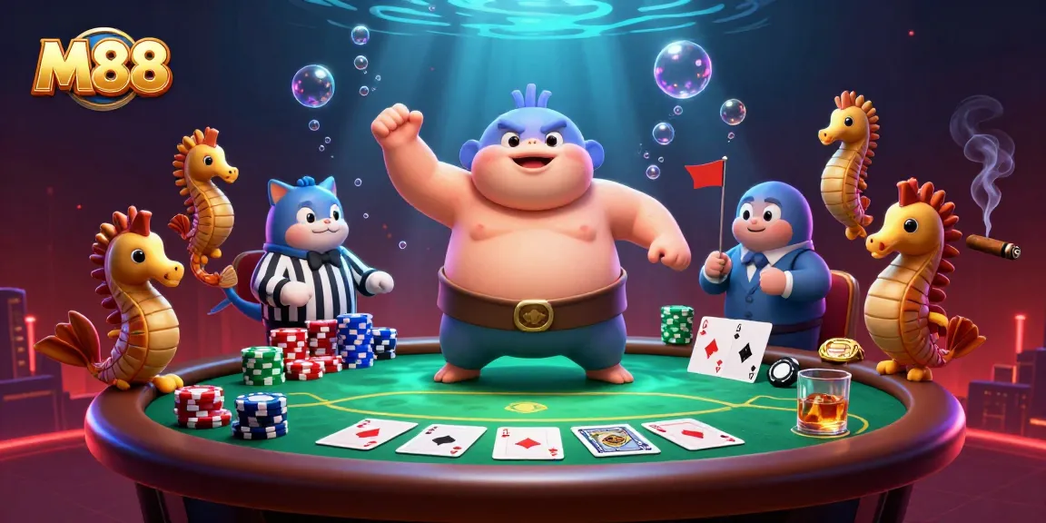 M88 highlights players betting at a vibrant poker scene with dynamic 3D underwater action.