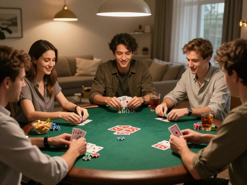 Players enjoying a lively poker night with chips and cards visible while using slots wallet technology, creating a fun atmosphere.
