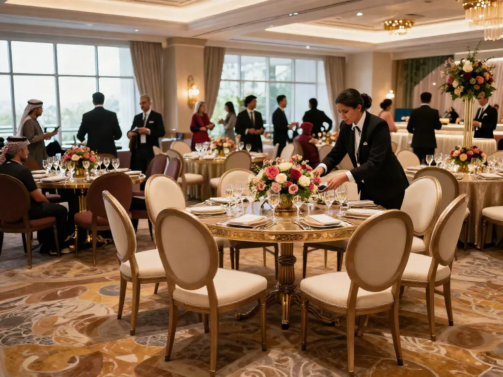 Event furniture rental setup in a luxurious Saudi banquet hall with elegant tables and chairs, showcasing a sophisticated event.