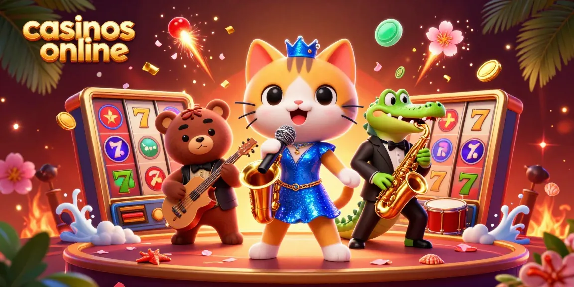 Los mejores casinos online en 2026: Gatito cantante y su banda en un escenario vibrante.
