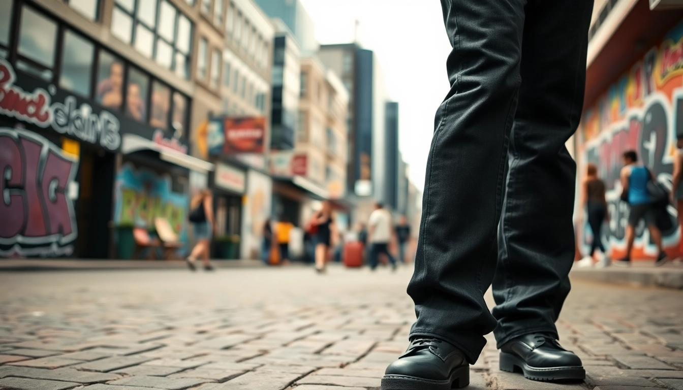 Model wearing baggy black jeans in an urban setting, showcasing a trendy and casual style.