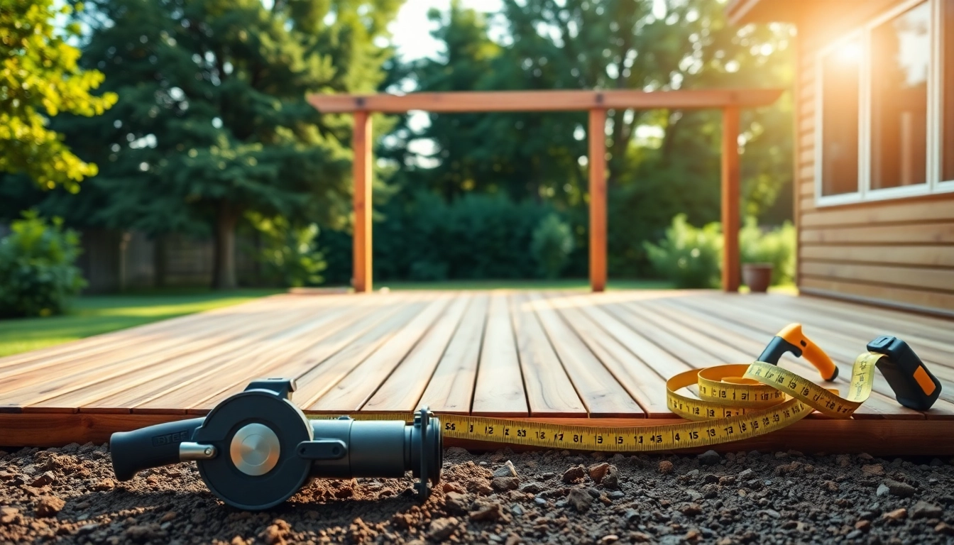 Engaging scene of deck building with tools and a partially completed wooden deck in a serene backyard.