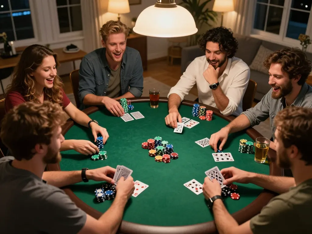 Friends enjoying an engaging home poker night while tracking KQBD results, showcasing excitement and strategy.