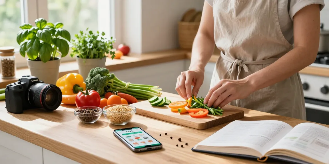 The best nutrition app displayed on a smartphone while a home cook prepares healthy meals in a bright kitchen environment.
