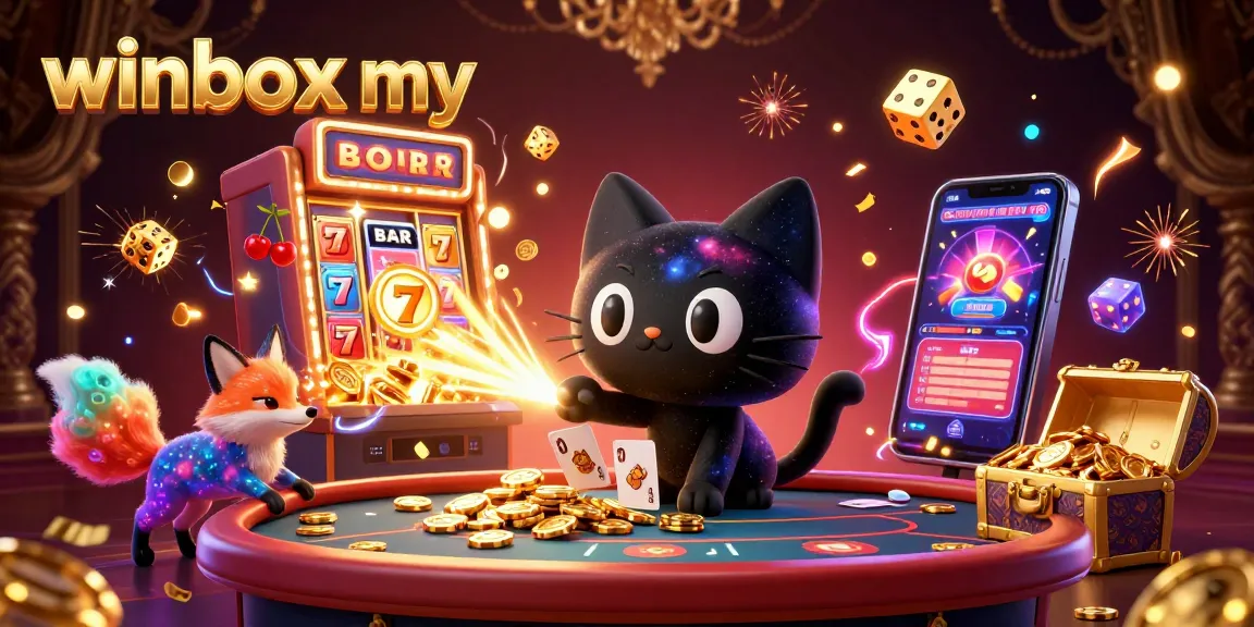 Winbox MY showcases thrilling gameplay with a 3D cartoon black hole cat and vibrant cosmic casino elements.