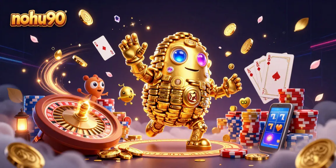 Engage with the vibrant casino world of nohu90 featuring a golden golem and dynamic game elements.