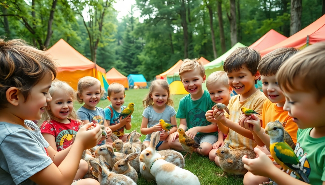 Children enjoying hands-on experiences at an animal camp in Illinois, engaging with diverse animals.