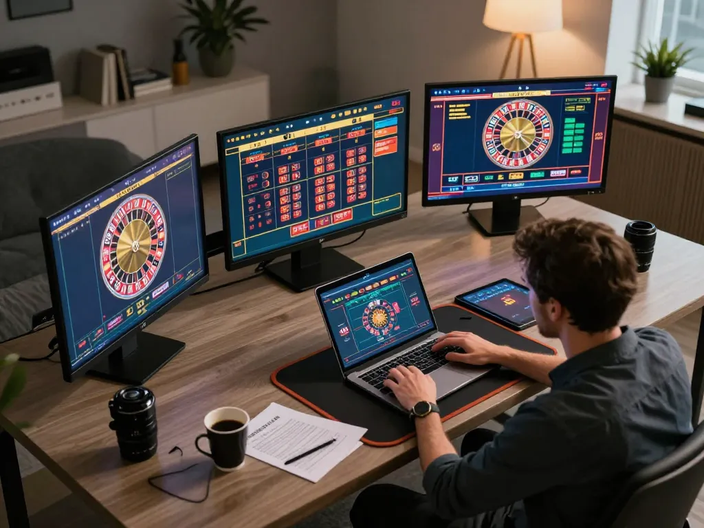 Engaged player strategizing on TR88 COM during a live online casino session with multiple screens.