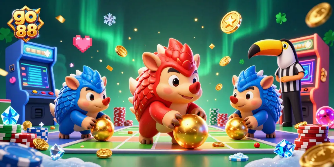 Engage with go 88 in a vibrant casino scene featuring rival pangolins and colorful gaming elements.