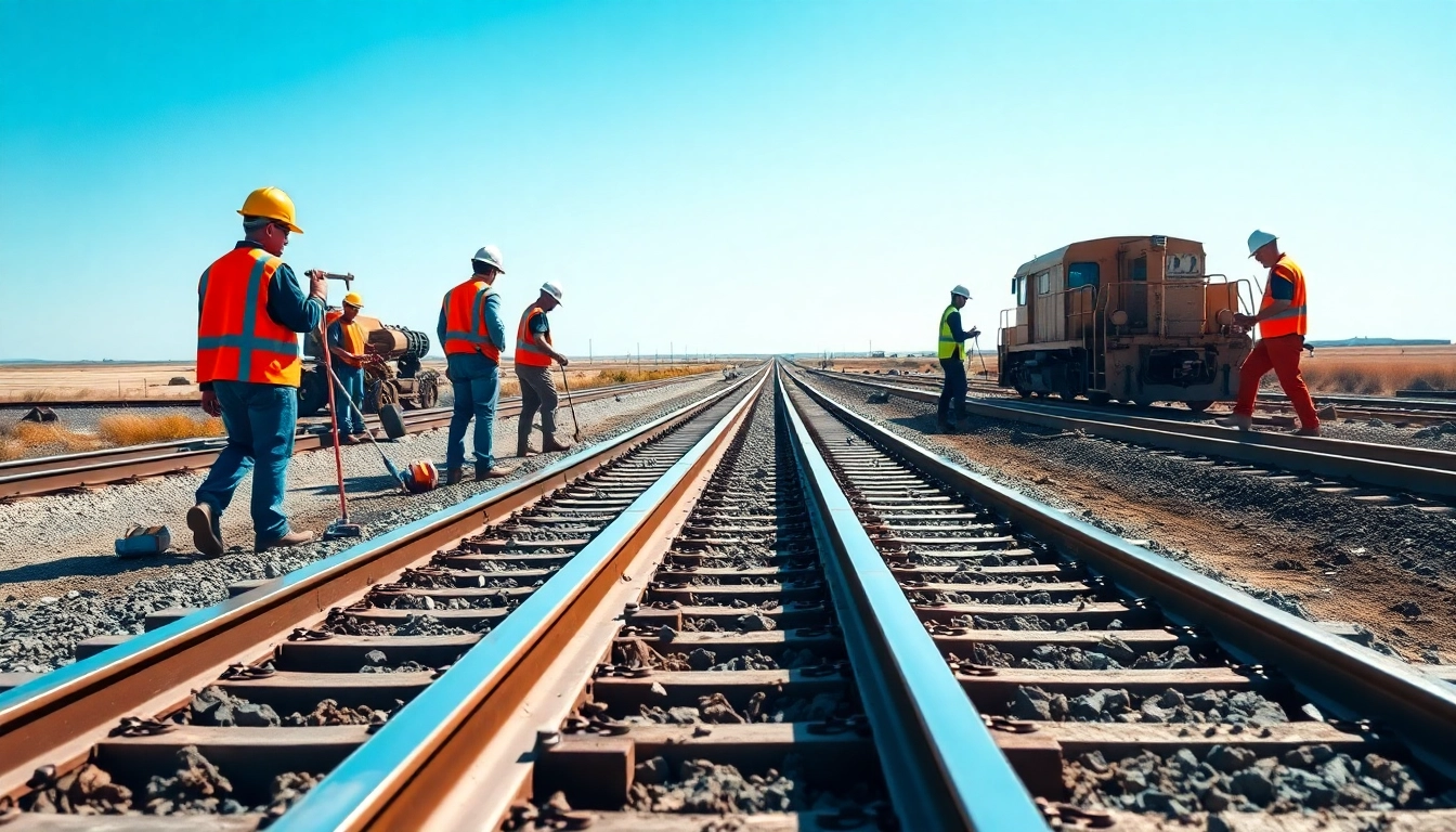 Great plains rail contractors collaborating on a construction site laying tracks.