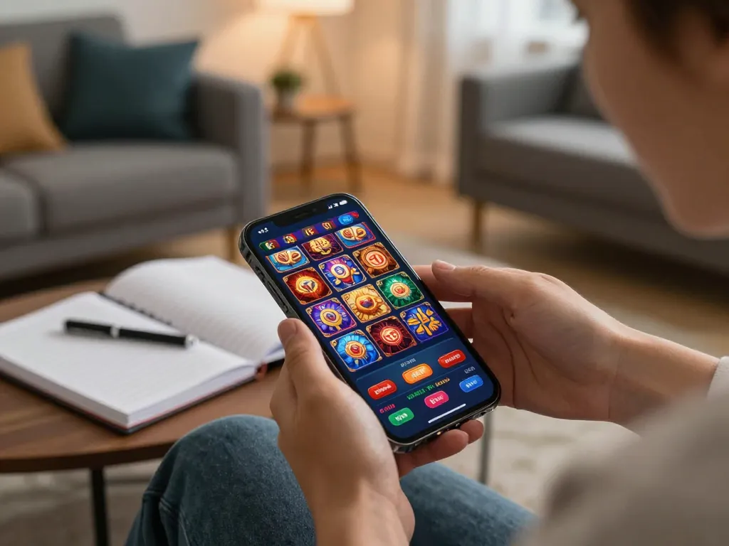 Player engaging with sc88 mobile casino app amidst cozy home setting showcasing vibrant slot games