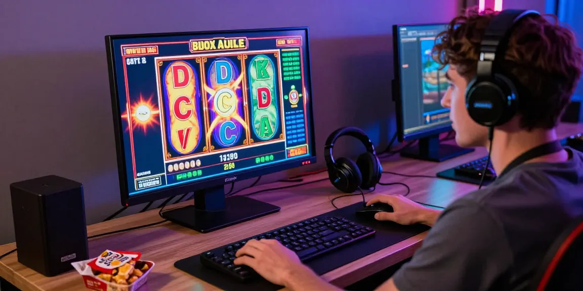 Exciting online slot gaming scene with colorful reels, headphones, and gaming accessories.