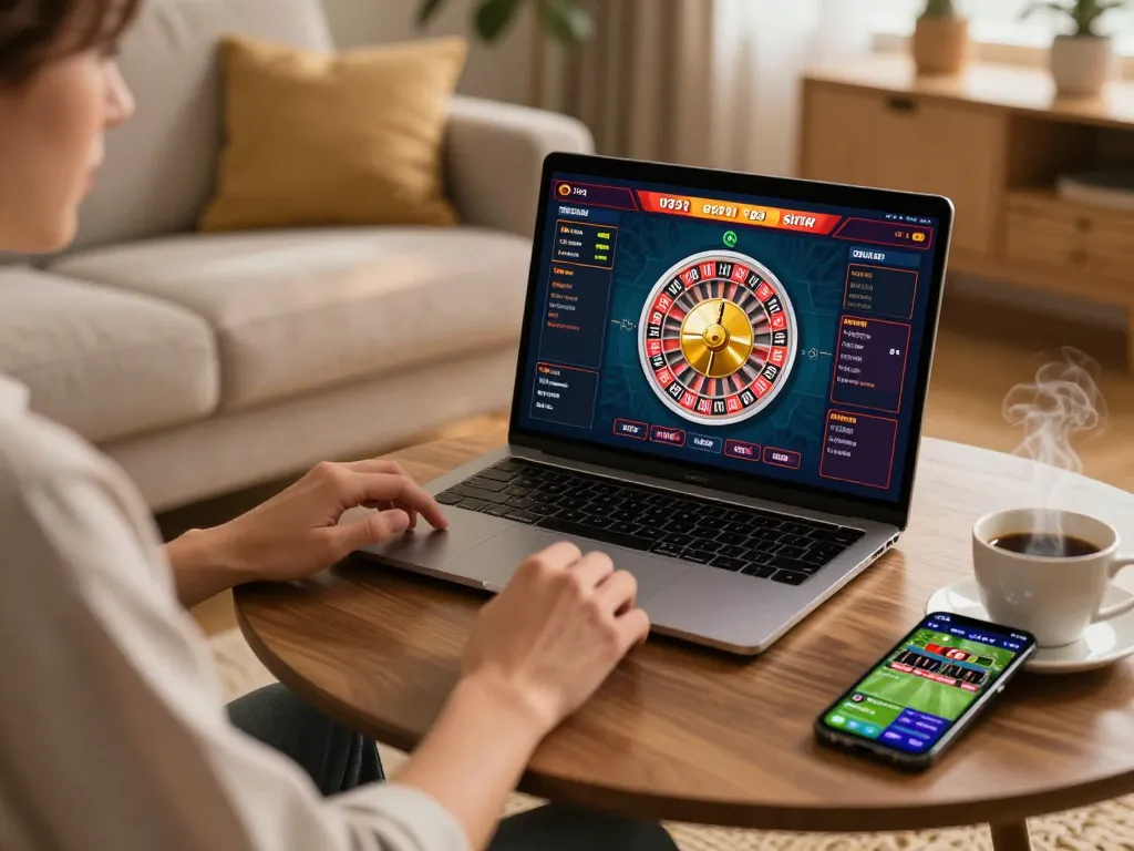 Winstrike69 player engaging in online roulette on laptop with sports betting apps visible.