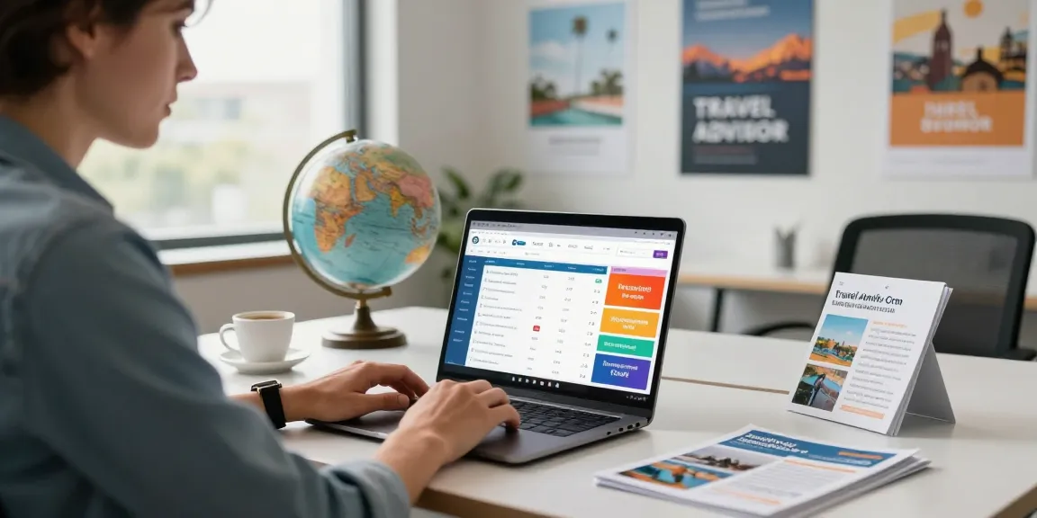 Professional using travel advisor crm software in a sleek office with travel decor.