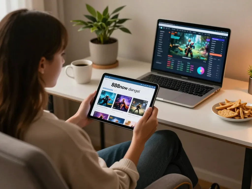Engaging in online gaming with 888now đăng nhập on a tablet in a cozy home setting.